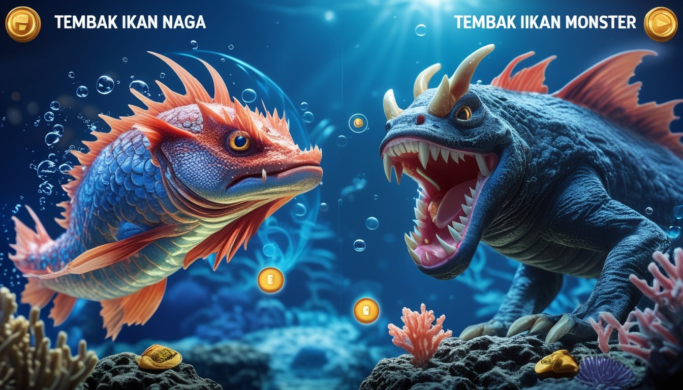 Adegan bawah laut dengan dua ikan besar, satu menyerupai naga dan satu menyerupai monster, di lingkungan laut dengan terumbu karang dan gelembung air.