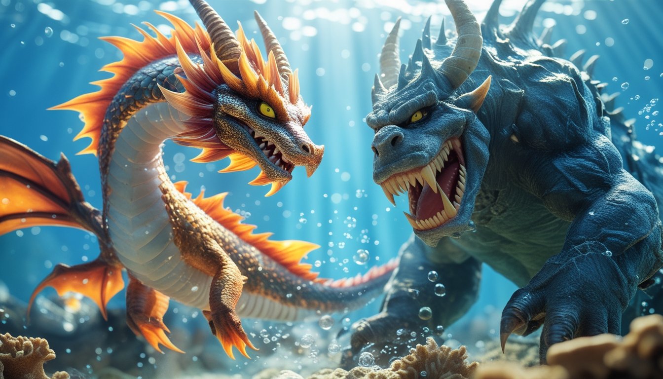 Adegan bawah air menampilkan dua ikan unik, satu menyerupai naga dengan sisik berkilau dan satu lagi ikan besar dengan penampilan monster, berenang di antara terumbu karang dan gelembung.