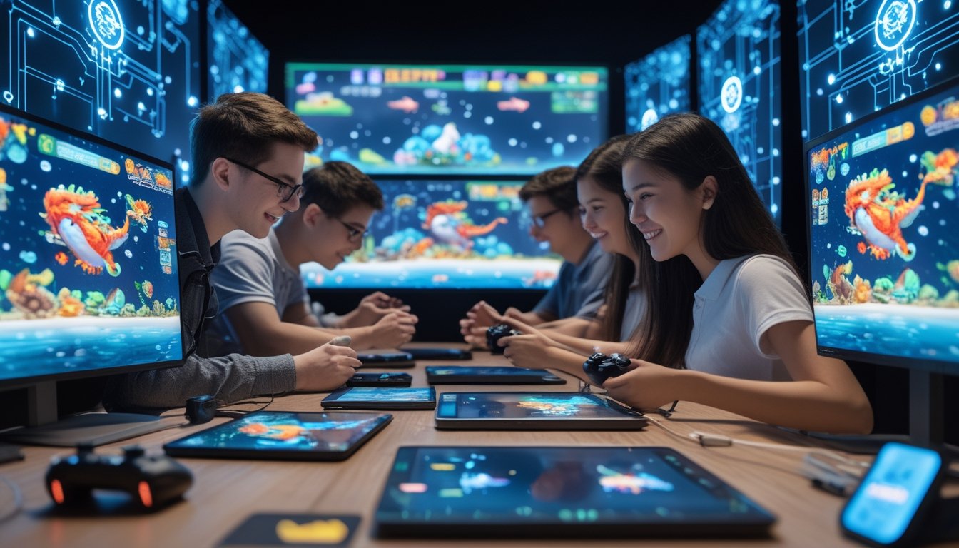 Sekelompok orang muda bermain game tembak ikan naga di perangkat digital dengan latar belakang layar yang menampilkan ikan dan naga berwarna-warni di bawah laut.