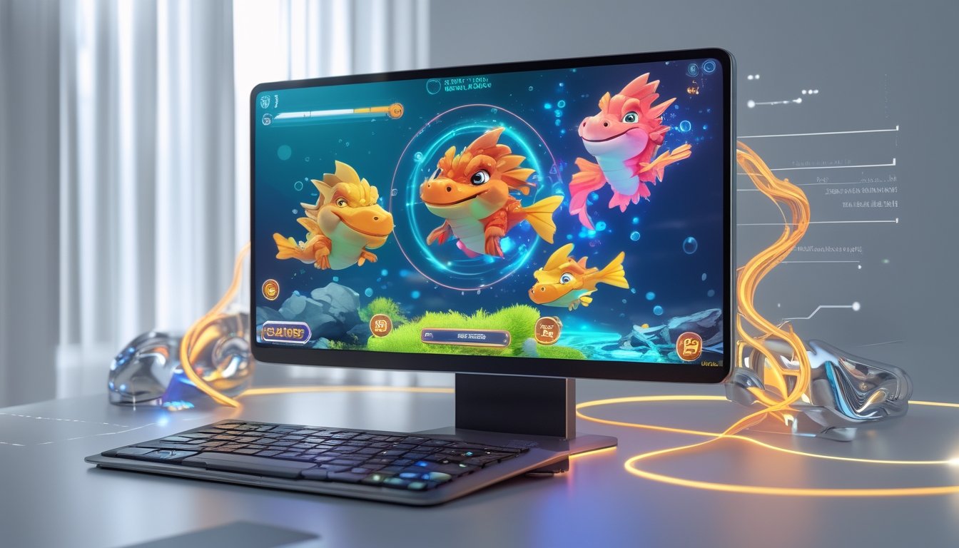 Sebuah perangkat digital menampilkan grafik permainan ikan naga dengan latar belakang elemen teknologi dan pencahayaan lembut.