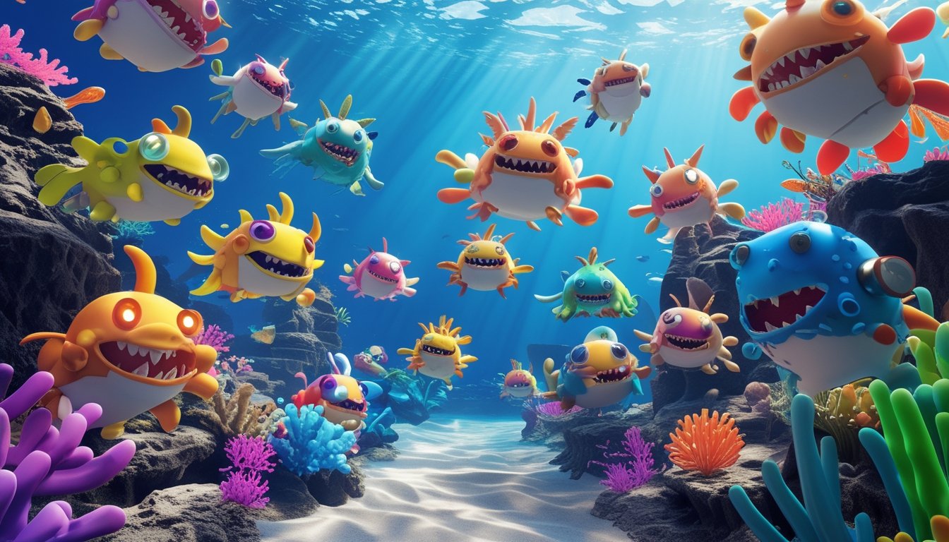 Pemandangan bawah laut dengan berbagai karakter monster warna-warni yang unik berenang di antara terumbu karang dan tanaman air.