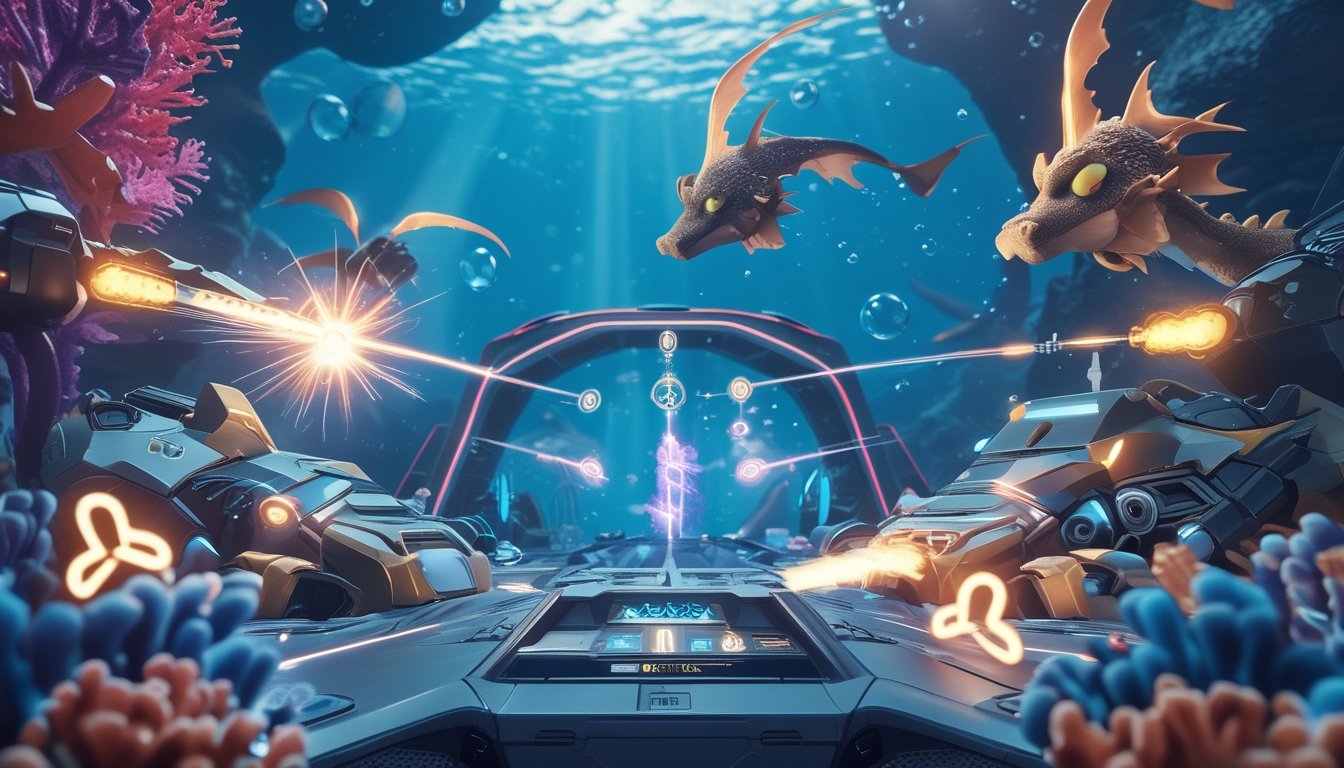 Adegan bawah laut dengan senjata futuristik menembak ikan naga dan ikon power-up yang bersinar.