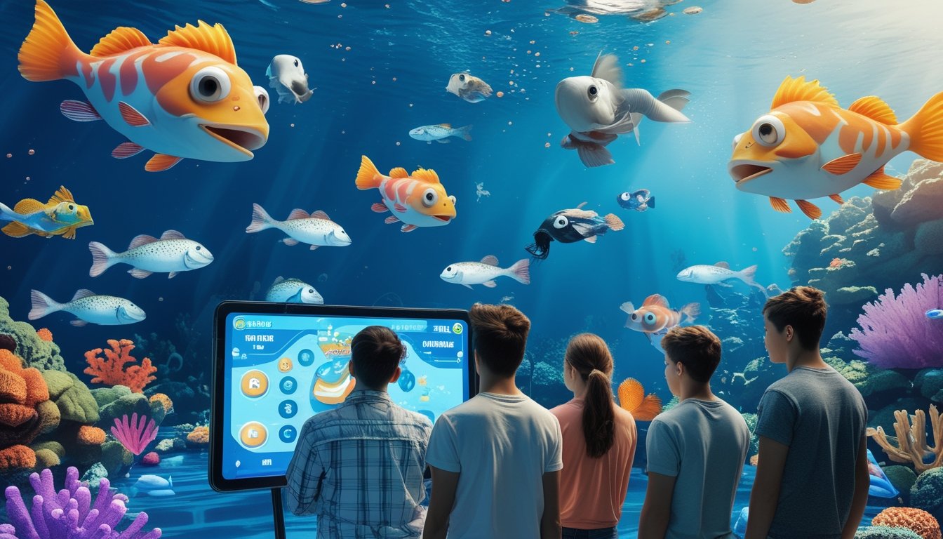 Sekelompok orang muda bermain permainan tembak ikan monster dengan latar bawah laut penuh terumbu karang dan ikan besar yang unik.