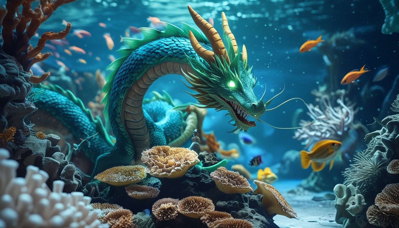 Pemandangan bawah laut dengan makhluk naga dan monster laut yang berenang di antara terumbu karang berwarna-warni.