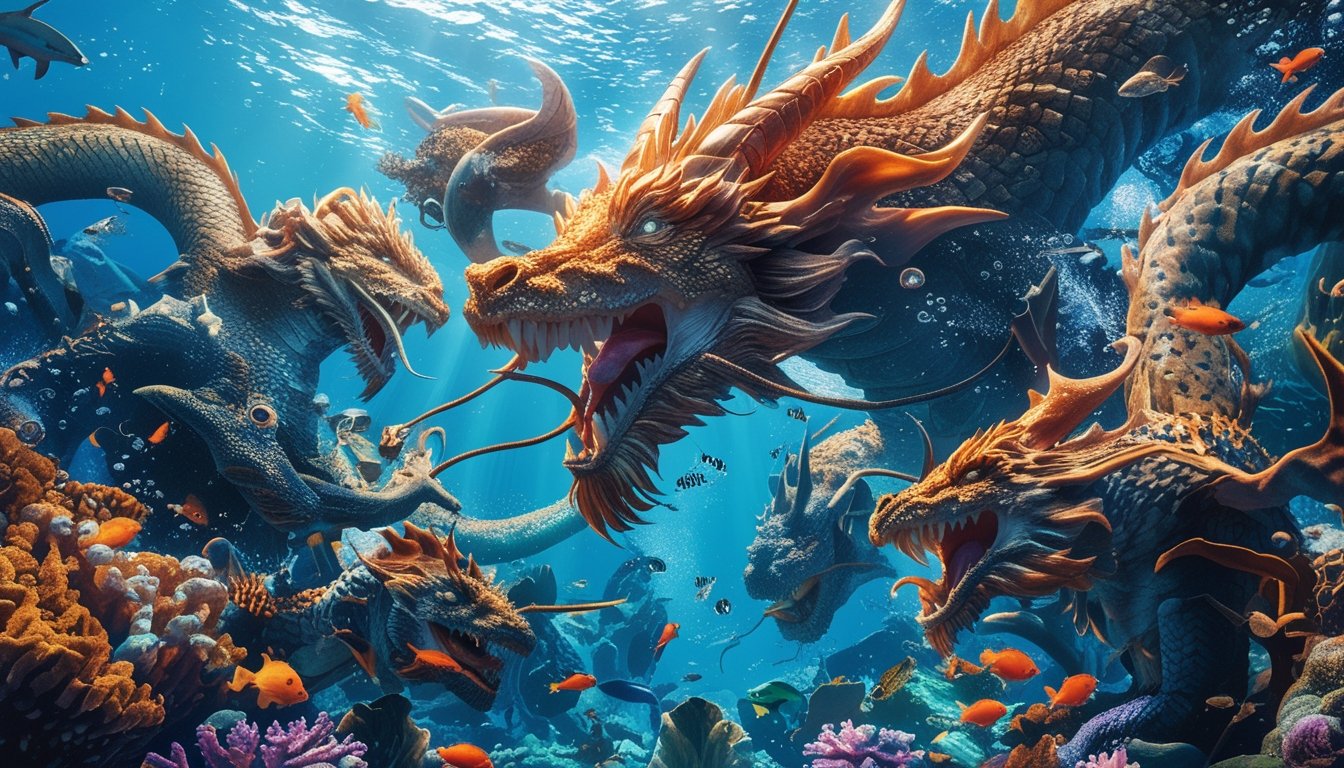 Adegan bawah laut dengan naga dan monster laut mitos yang sedang bertarung di antara terumbu karang dan ikan berwarna-warni.