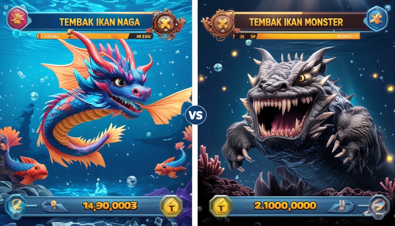 Perbandingan dua game tembak ikan dengan latar bawah laut, satu menampilkan ikan naga berwarna cerah dan satu lagi ikan monster dengan ekspresi garang.