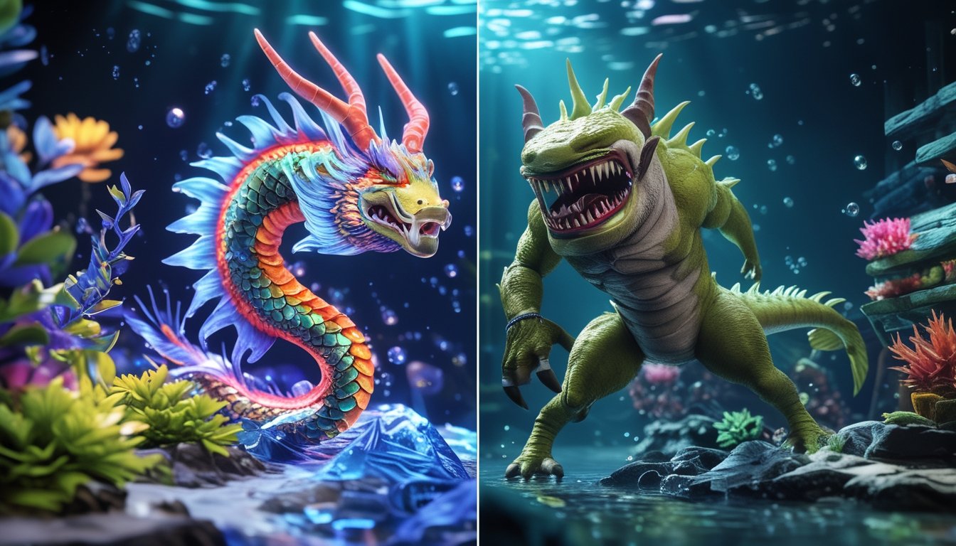 Perbandingan dua adegan permainan tembak ikan dengan karakter ikan naga berwarna cerah di sisi kiri dan ikan monster yang menakutkan di sisi kanan, keduanya berada di bawah air.