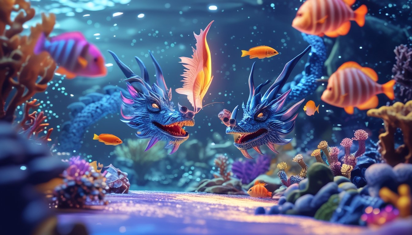 Pemandangan bawah laut dengan ikan berwarna-warni, naga, dan monster laut yang terlihat hidup di antara terumbu karang.