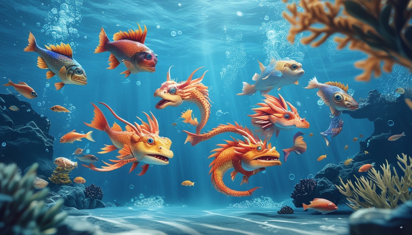 Pemandangan bawah laut dengan ikan berwarna-warni, naga, dan monster laut yang berenang di antara terumbu karang dan tanaman air.