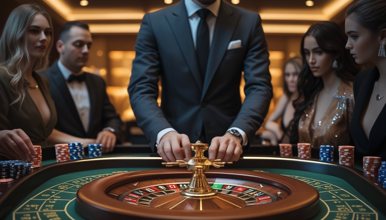 Meja mini roulette dengan dealer dan beberapa pemain yang sedang memasang taruhan di kasino mewah.