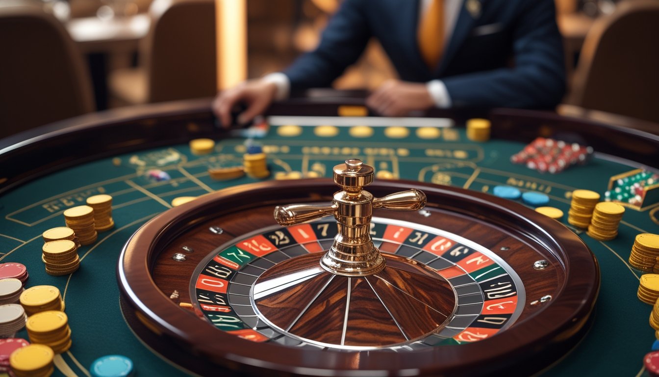 Meja mini roulette dengan roda roulette, chip taruhan berwarna-warni, dan dealer berpakaian resmi di latar belakang.