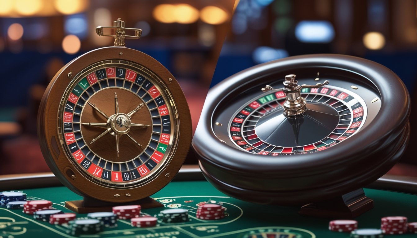 Dua roda roulette berbeda ukuran di atas meja kasino dengan chip taruhan di sekitarnya.