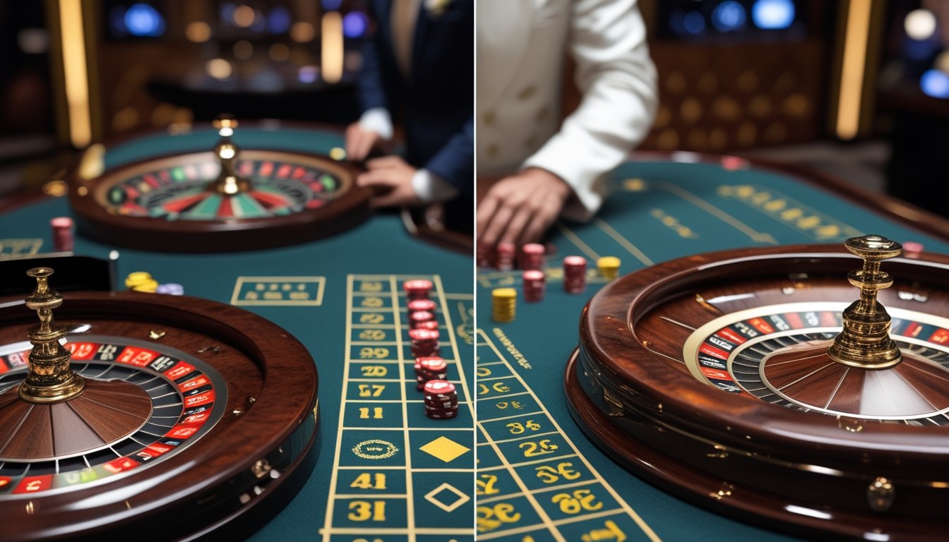 Dua meja roulette berdampingan di kasino, satu mini roulette yang lebih kecil dan satu roulette konvensional yang lebih besar, dengan dealer dan chip taruhan terlihat.