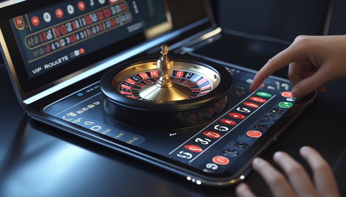 Seseorang menggunakan layar sentuh untuk memasang taruhan pada roda mini roulette digital di platform VIP roulette.