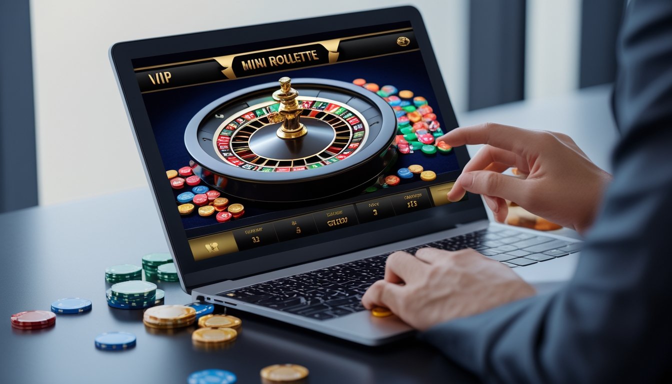 Tangan seseorang sedang bermain mini roulette di layar komputer dengan chip taruhan di sekitarnya.
