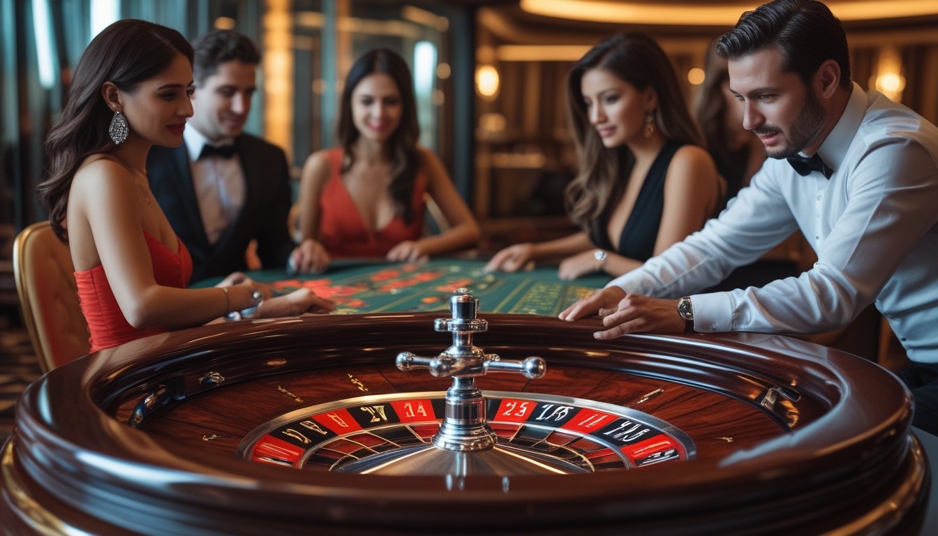 Orang-orang berpakaian rapi berkumpul di sekitar meja roulette VIP di kasino mewah.
