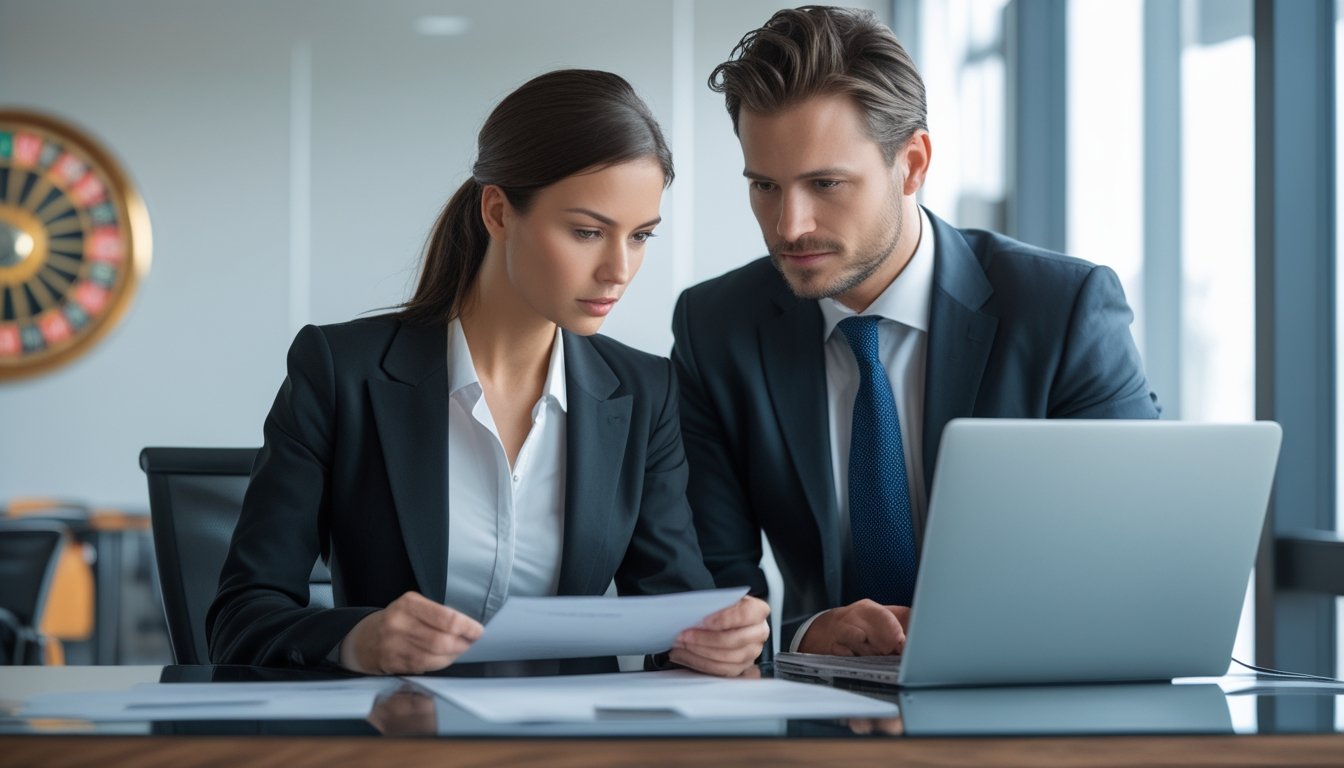 Seorang wanita dan pria profesional sedang berdiskusi serius di kantor modern dengan dokumen dan laptop, latar belakang menunjukkan roda roulette.