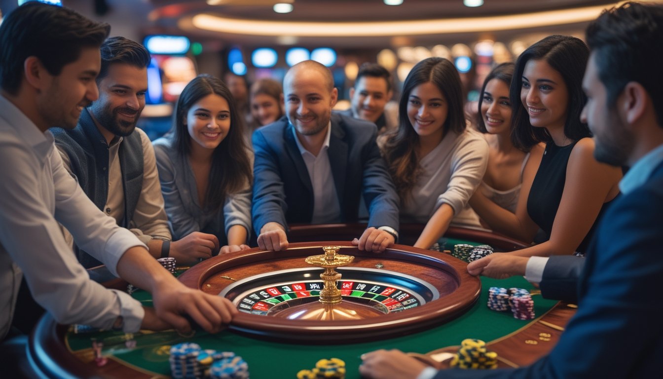 Meja permainan mini roulette dengan beberapa orang yang sedang bermain dan mengamati roda roulette di kasino.