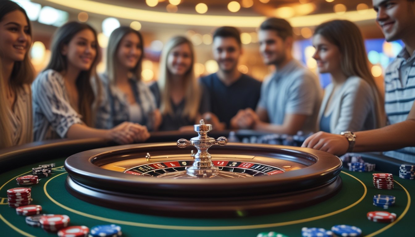 Beberapa orang muda sedang bermain mini roulette dengan roda dan chip taruhan di meja kasino.