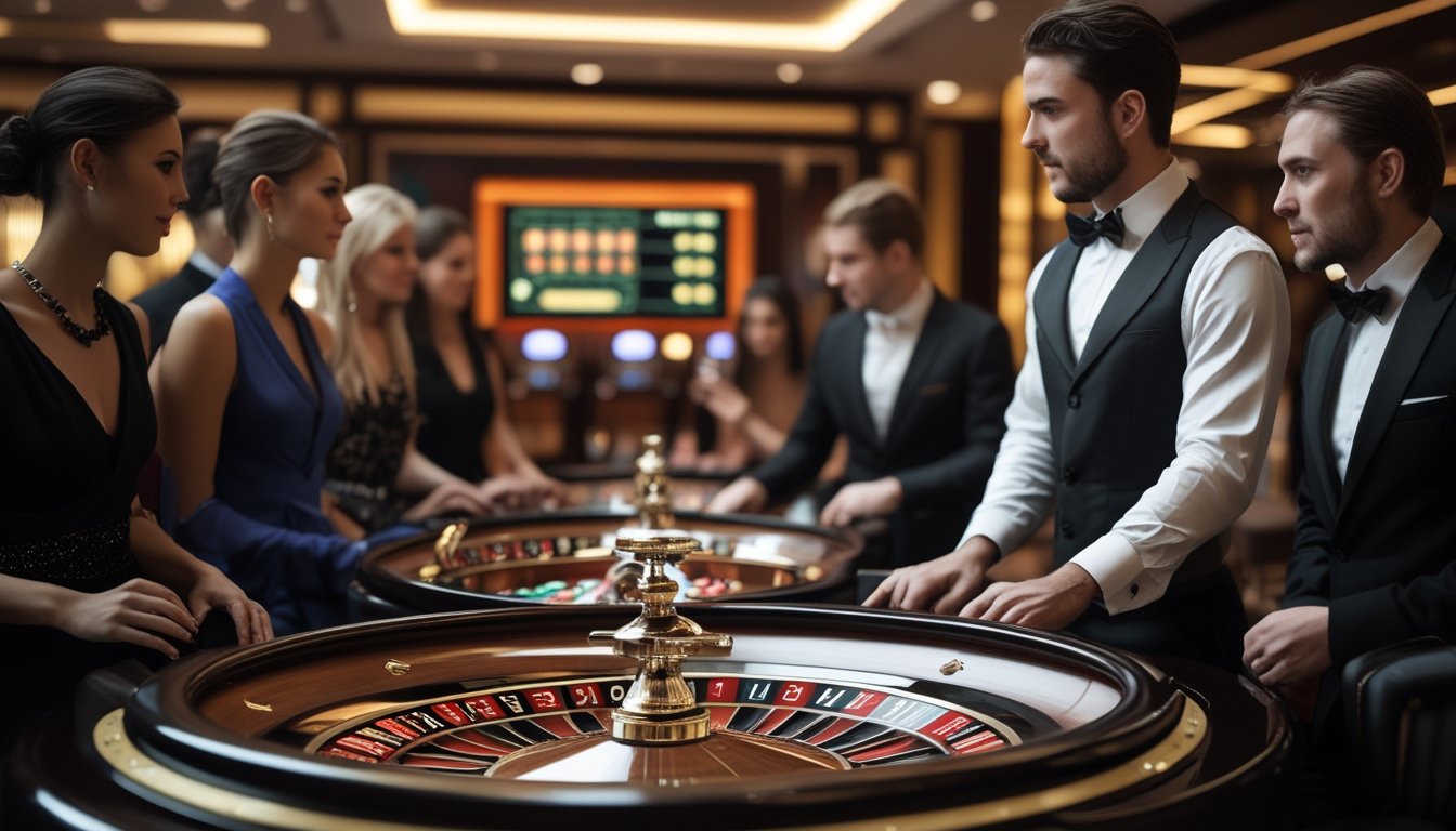 Seorang dealer dan beberapa pemain berpakaian elegan sedang berkumpul di meja roulette di dalam kasino mewah.