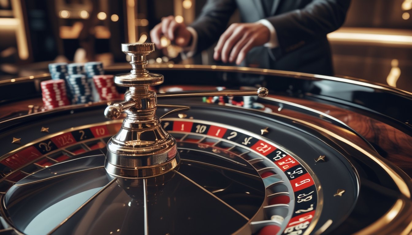 Meja roulette VIP modern dengan roda roulette berwarna merah dan hitam, tumpukan chip, dan dealer berpakaian resmi di kasino mewah.