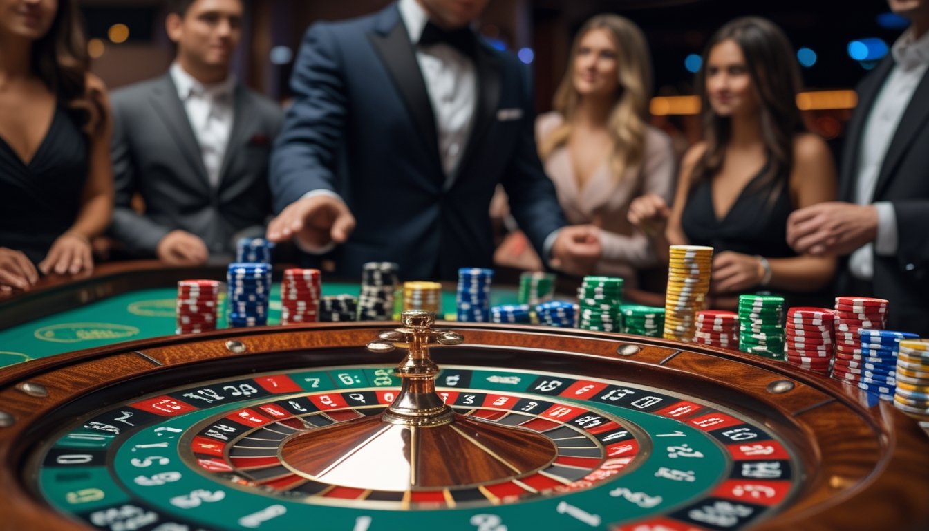 Meja mini roulette dengan roda berputar, chip taruhan tertata rapi, dan dealer menjelaskan aturan kepada pemain.
