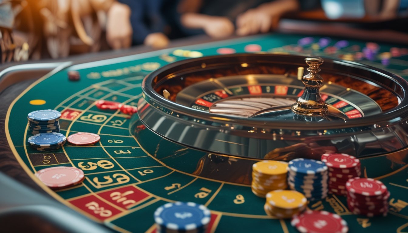 Meja mini roulette dengan roda roulette dan chip taruhan berwarna-warni, dengan beberapa pemain di latar belakang yang fokus pada permainan.