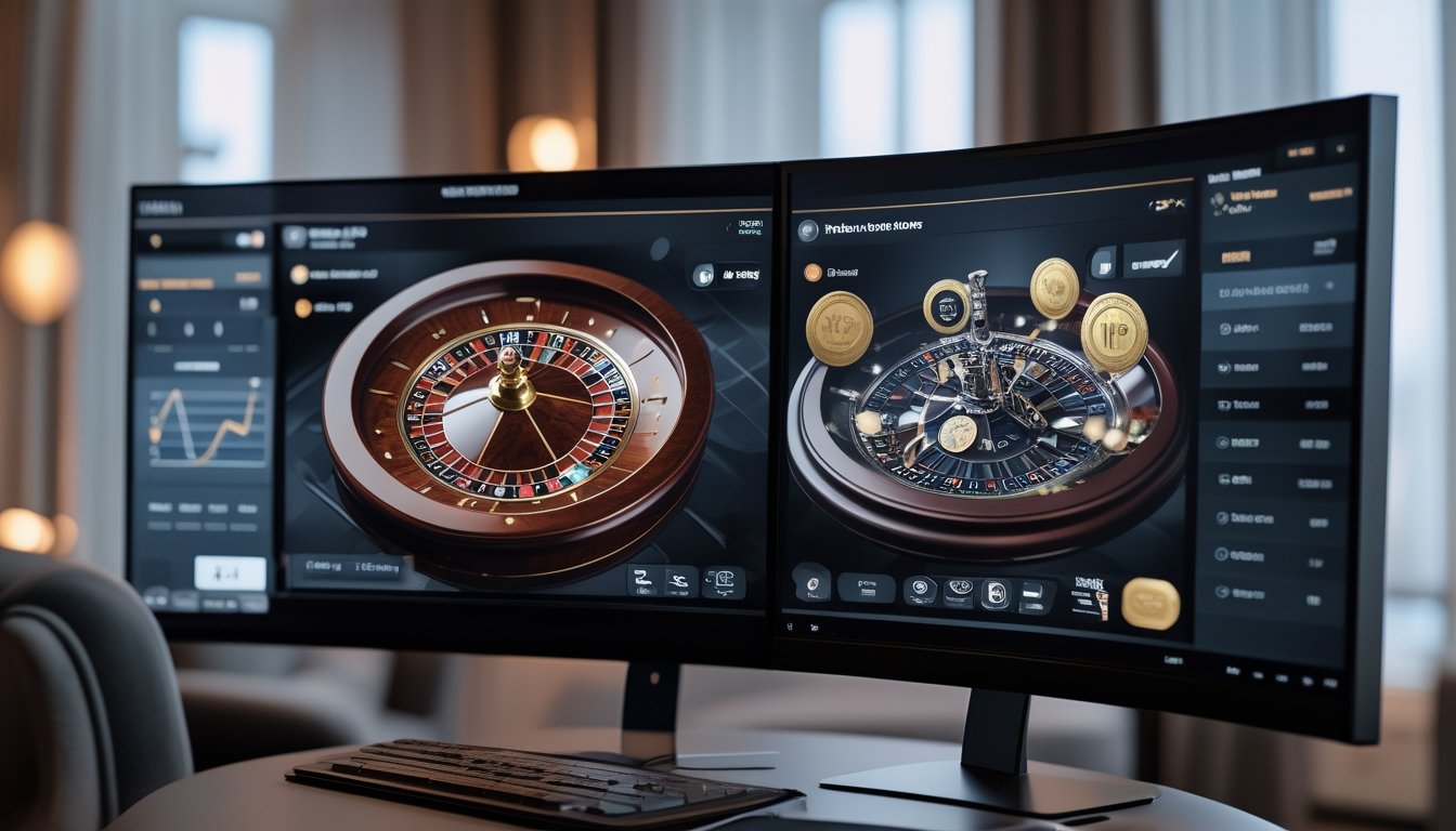 Sebuah gambar yang menunjukkan perbandingan layanan roulette online reguler dan VIP dengan dua meja roulette berbeda dan suasana yang mewah dan profesional.