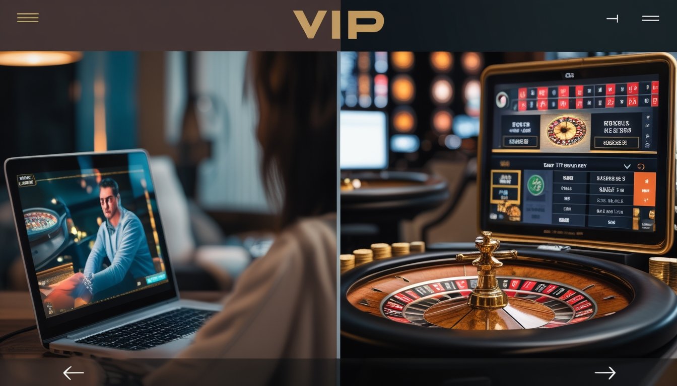 Dua orang bermain roulette online, satu di lingkungan santai dengan laptop biasa, satu lagi di lingkungan mewah dengan meja roulette eksklusif.