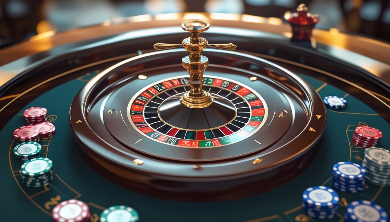 Meja kasino dengan roda mini roulette yang sedang berputar dan chip taruhan yang tertata rapi di sekitarnya.