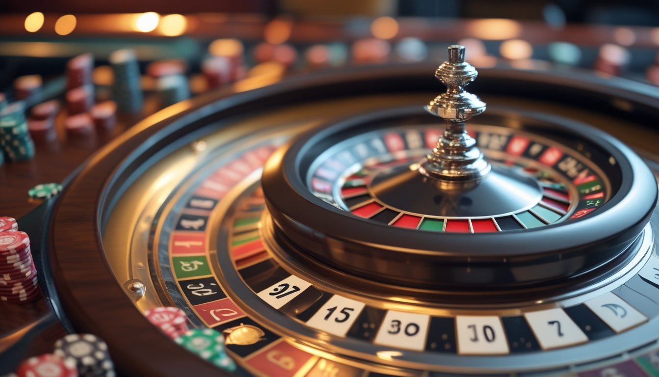 Meja mini roulette dengan roda roulette berwarna merah, hitam, dan hijau serta chip taruhan yang tersusun di atas meja.