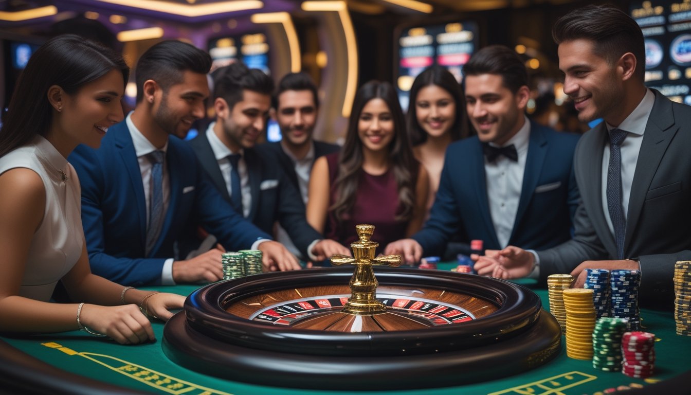 Meja mini roulette dengan pemain VIP yang serius bermain di kasino mewah.