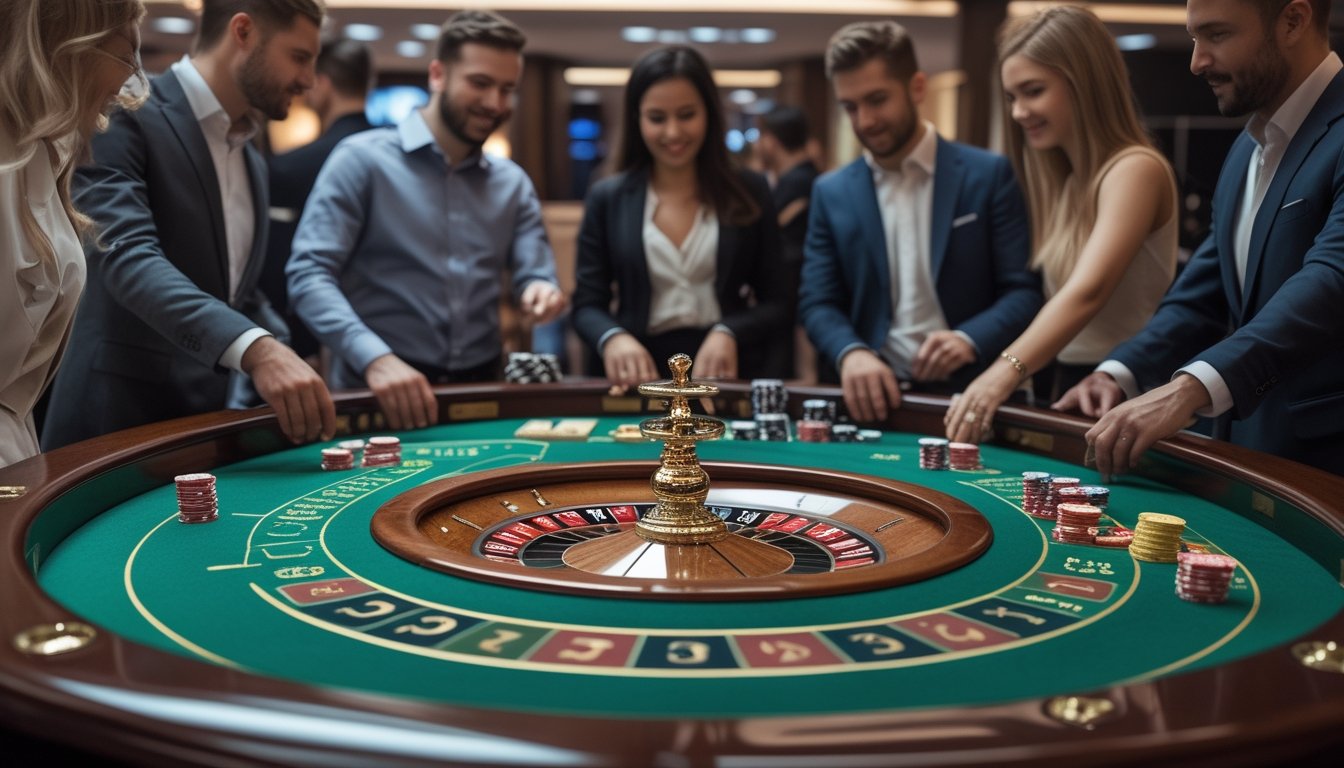 Beberapa orang bermain mini roulette di meja kasino dengan suasana mewah dan agen layanan VIP di latar belakang.