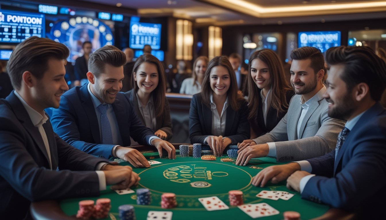 Seorang dealer dan beberapa pemain sedang bermain kartu Pontoon di meja kasino dengan suasana kasino yang modern dan cerah.