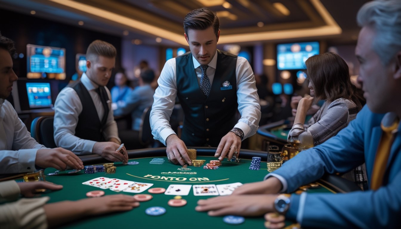 Seorang dealer membagikan kartu di meja kasino hijau dengan pemain yang fokus bermain Pontoon online di latar belakang.