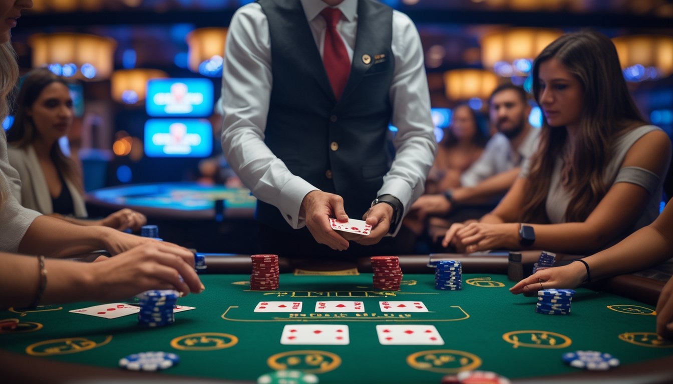 Seorang dealer dan beberapa pemain sedang bermain Pontoon di meja kasino dengan kartu dan chip, suasana kasino yang mewah dan pencahayaan hangat.