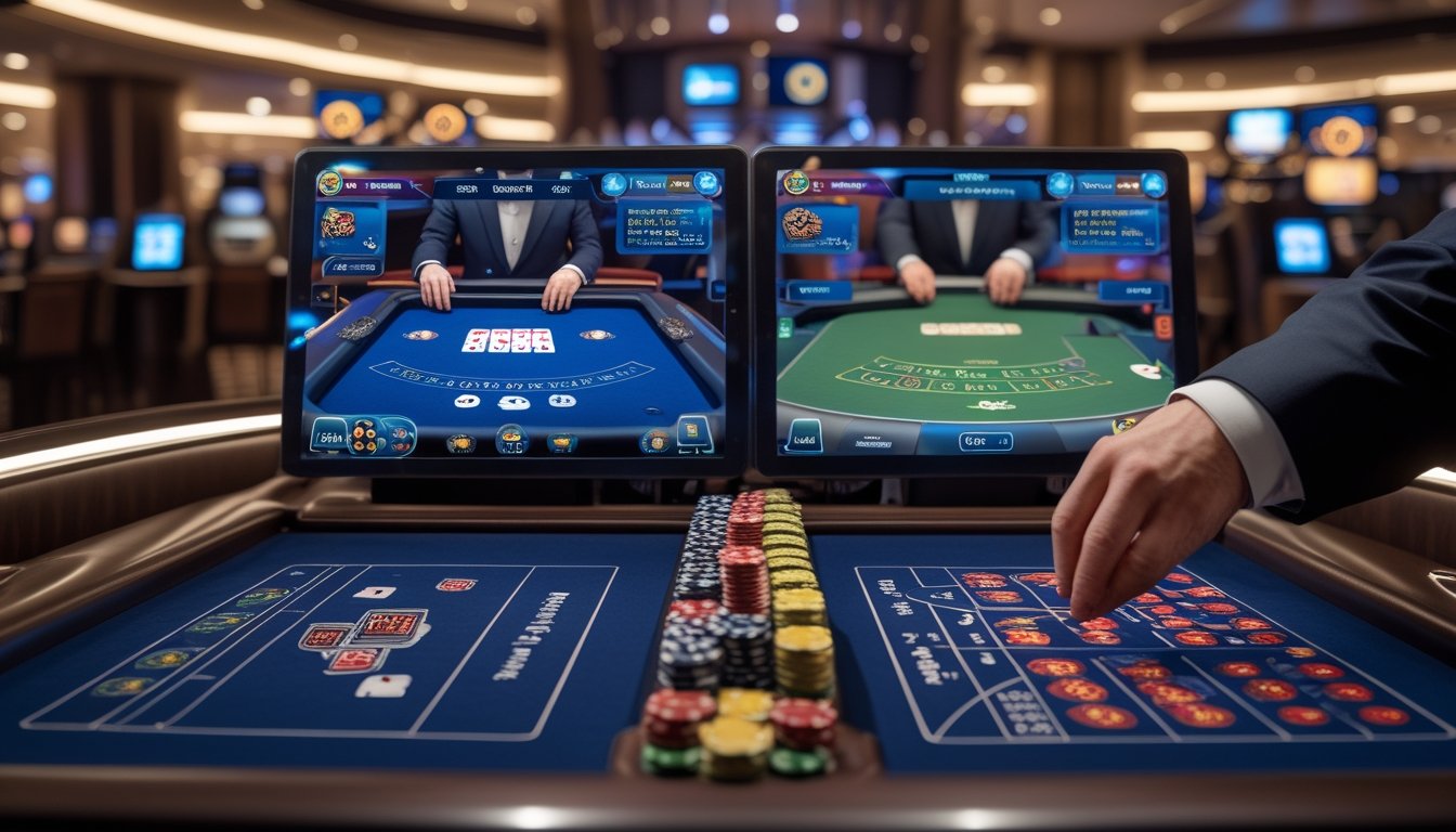Pemandangan meja kasino langsung modern dengan permainan Pontoon di satu sisi dan Blackjack di sisi lain, menampilkan kartu, chip, dan dealer yang sedang bertugas.