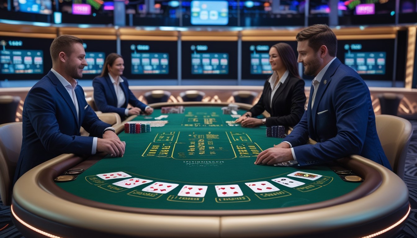 Meja kasino dengan kartu dan chip, dua dealer melayani permainan Pontoon dan Blackjack di lingkungan kasino modern.