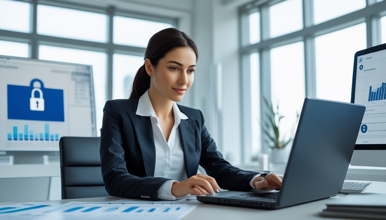Seorang wanita bisnis duduk di meja kantor modern, meninjau dokumen dan menggunakan laptop dengan fokus.