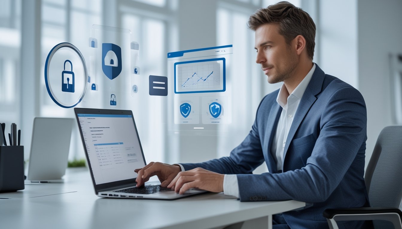 Seseorang duduk di meja kantor modern dengan laptop, fokus menganalisis data dan fitur keamanan online.