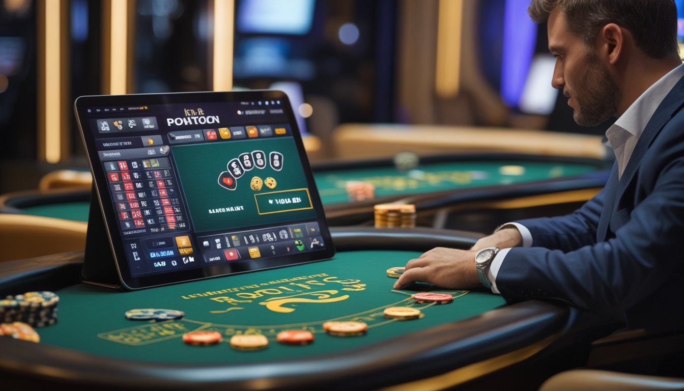 Seorang pemain dewasa menggunakan perangkat layar sentuh untuk bermain permainan Pontoon online dengan tampilan meja kartu dan chip taruhan di layar.