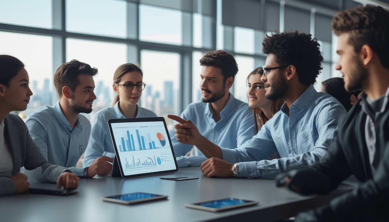 Sekelompok orang muda berdiskusi di ruang kantor modern dengan tablet digital dan pemandangan kota di latar belakang.