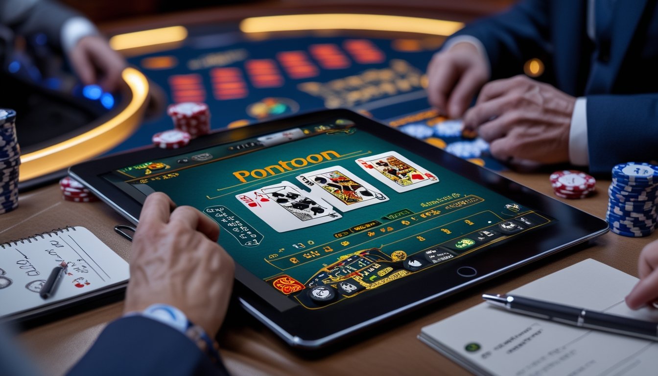 Seorang pemain sedang fokus bermain permainan Pontoon online dengan layar perangkat digital menampilkan kartu dan chip kasino di sekitarnya.