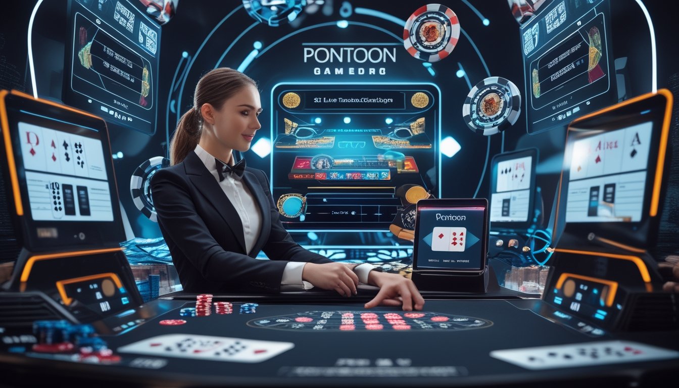 Seorang dealer kasino profesional menggunakan layar sentuh modern untuk bermain Pontoon online dengan tampilan digital dan pemain yang terhubung secara virtual.