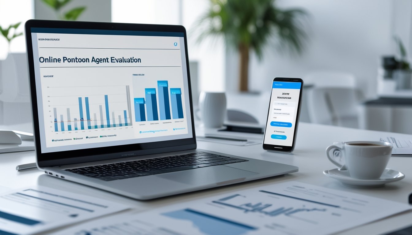 Meja kerja modern dengan laptop yang menampilkan grafik, dokumen, ponsel dengan layar login aman, dan secangkir kopi di lingkungan kantor yang terang dan rapi.