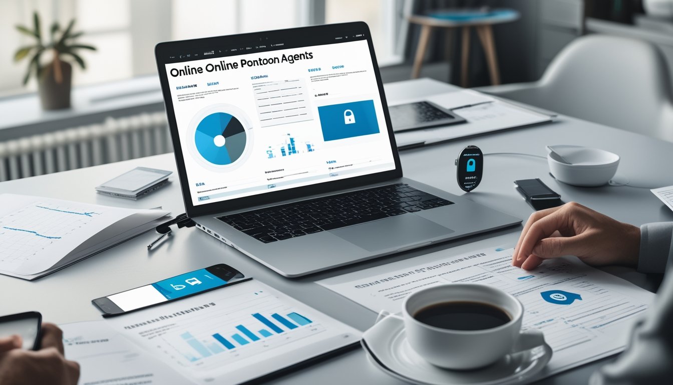 Sebuah ruang kerja modern dengan laptop yang menampilkan grafik dan dokumen di sekitarnya, menggambarkan evaluasi agen pontoon online.