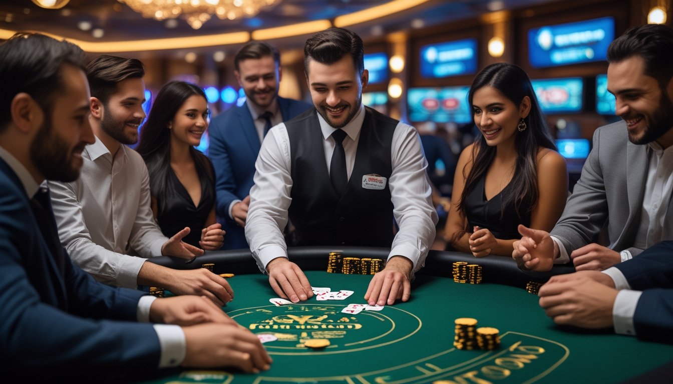 Seorang dealer dan beberapa pemain sedang bermain permainan Pontoon di meja kasino dengan suasana kasino yang elegan dan pencahayaan hangat.