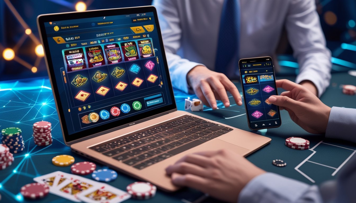 Seseorang menggunakan laptop dan ponsel dengan tampilan permainan kasino online di meja dengan chip kasino, dadu, dan kartu remi.