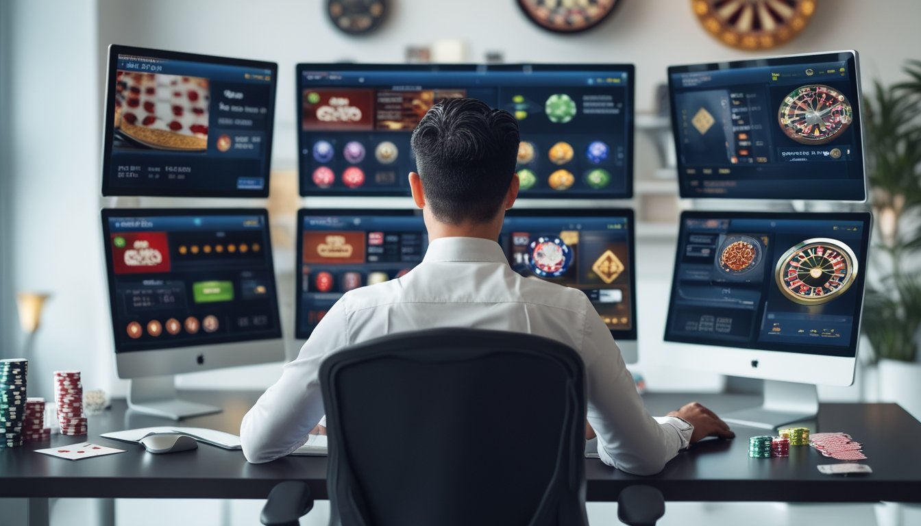 Seseorang duduk di meja dengan beberapa layar komputer yang menampilkan permainan kasino online, terlihat serius dan fokus di ruangan kantor modern.