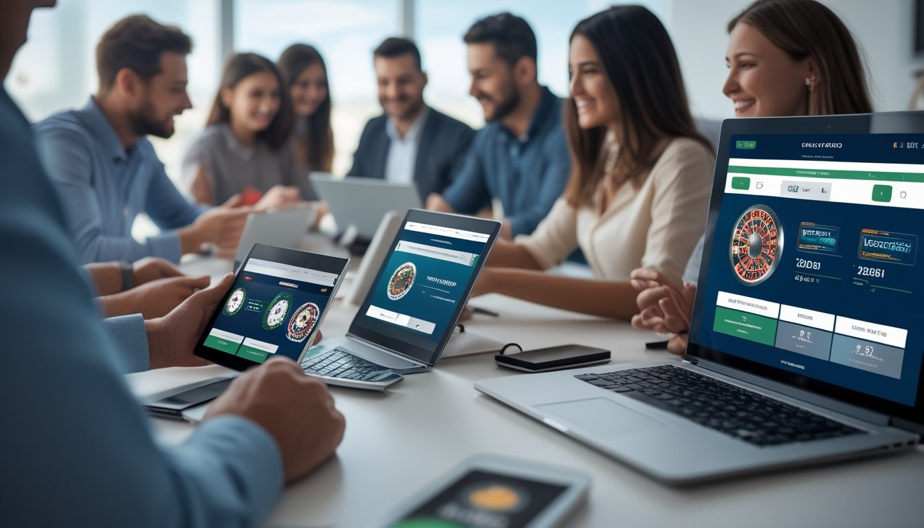 Orang-orang menggunakan perangkat digital untuk bermain permainan kasino online di lingkungan yang aman dan mudah diakses.